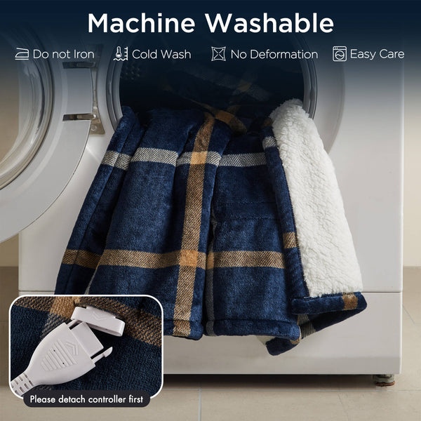 English Elm 1-piece Aztec Heated Throw with 12 Settings Auto Shutoff Soft Ivory Boho Blanket Navy Multi B035P408332