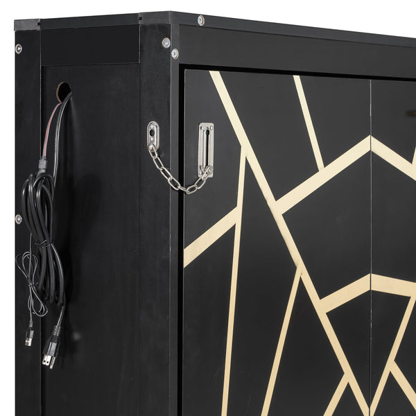 English Elm Queen-size Murphy Wall Bed with Led Ambient Lighting Usb Outlet and Graphic Panel Black LP000357AAB
