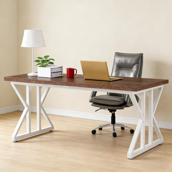 English Elm Computer Desk Two Person Wood Grain Workstation with Drawers for Shared Home Office T3971P450878