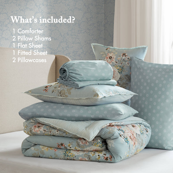 JLA Home Madison Park Essentials - 7 Piece Vintage-inspired Collection Floral Bedding Set with Reversible Comforter, Silky Microfiber Elegance Soft Blue MPE10-1193