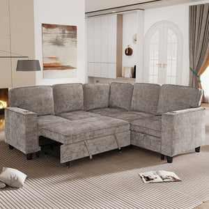 English Elm L-shaped Chenille Sectional Sleeper Sofa with Storage and Usb Charging Ports Light Brown W1998S00089