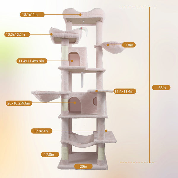 English Elm 68in Tall Six Level Plush Cat Tower with Hammocks Cave and Sisal Posts for Indoor Cats W243P351705