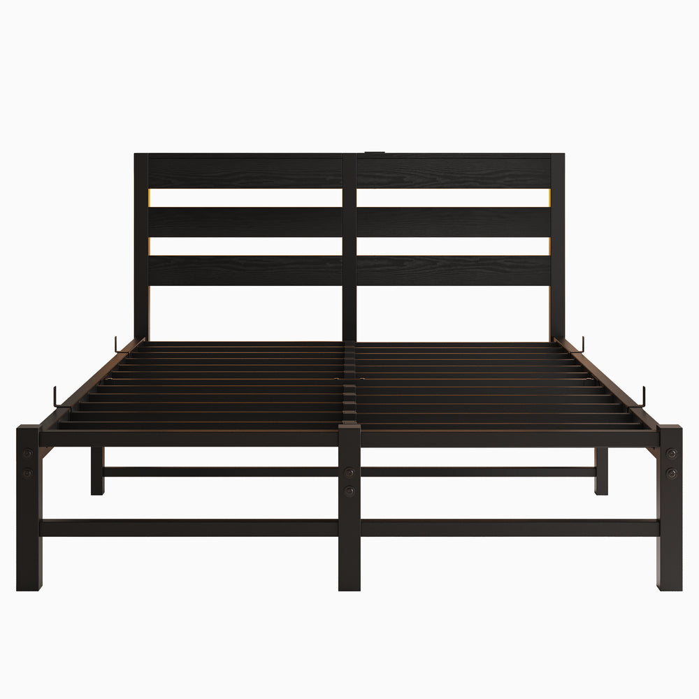 English Elm Full Metal Bed Frame with Wooden Headboard, USB Charging, RGB App Lighting, Large Under-Bed Storage Black W840P209906