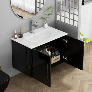 English Elm 30-Inch Black Gloss Wall-Mounted Bathroom Vanity With Soft-Close Doors & Gold Handle For Modern Style W3151S00051