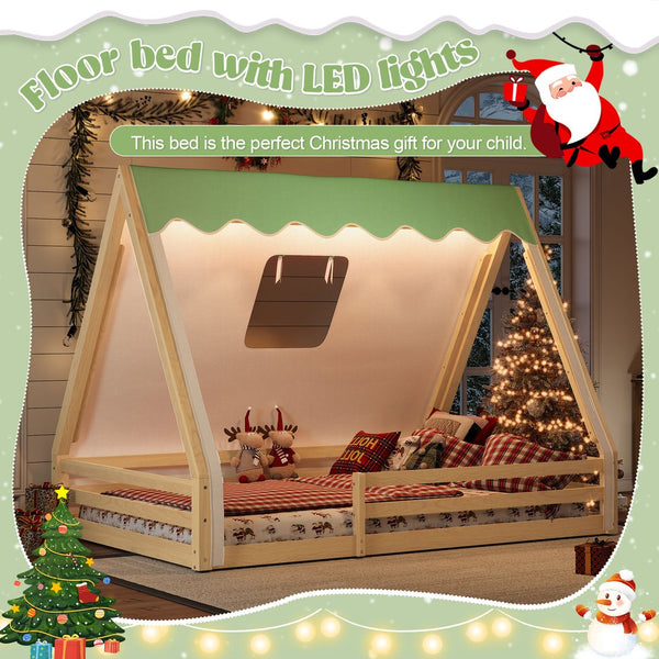 English Elm Twin Montessori Floor Bed Solid Pine Teepee Frame with Guardrails and Canopy Light Natural W1580P369468