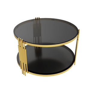 English Elm Modern Round Coffee Table Black Tempered Glass Top Gold Drum Base Living Room Glam N735P177478B