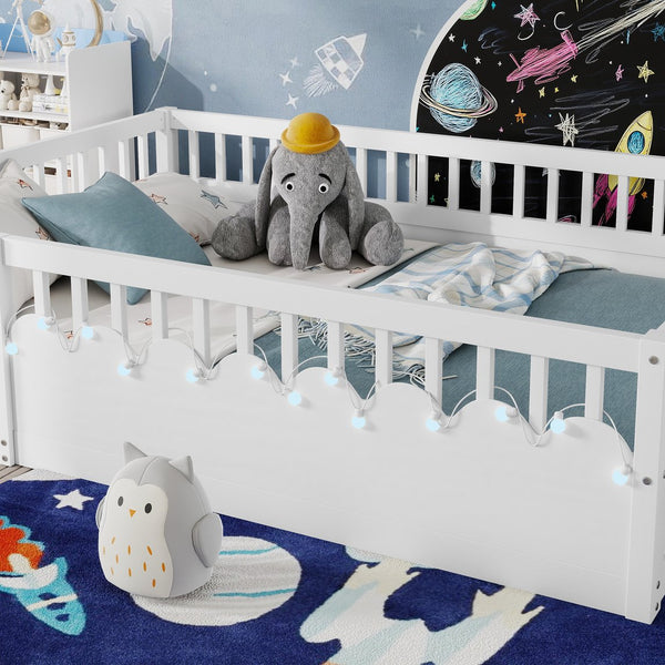 English Elm Full Montessori floor bed offering high rails, built-in light and shelf for safe independent sleep and storage White 79.13 L x 13 W x 6.3 H W2593P333586