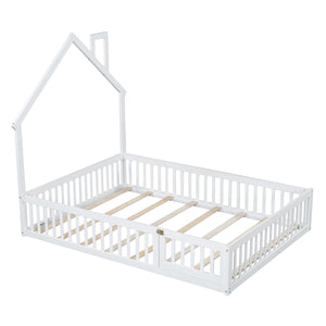 English Elm Wood House Platform Bed Full Size with Guardrail & Playful Frame, Sturdy Pine, Kid-Safe Design White N709P171852K