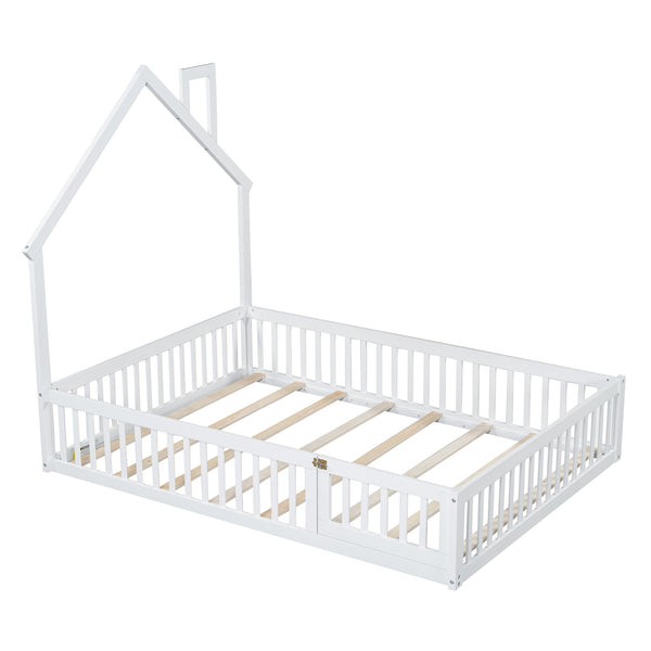 English Elm Wood House Platform Bed Full Size with Guardrail & Playful Frame, Sturdy Pine, Kid-Safe Design White N709P171852K