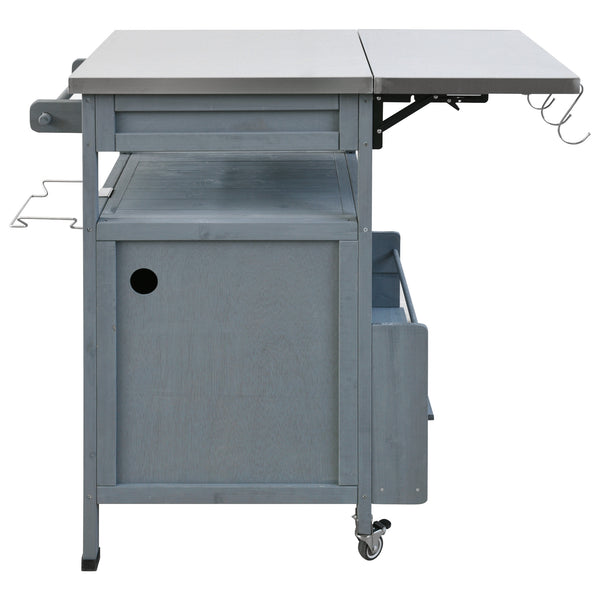 English Elm K&K 40.5" Outdoor Grill Cart with 201 Stainless Top, Solid Fir Storage, Drop Leaf & Lockable Wheels Blue+Grey N707P228272G