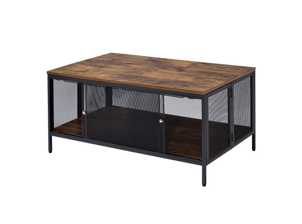 English Elm Winam Antique Oak Coffee Table with Black Metal Mesh Base, Foldable Top & 4 Sliding Doors Storage B2726P270994