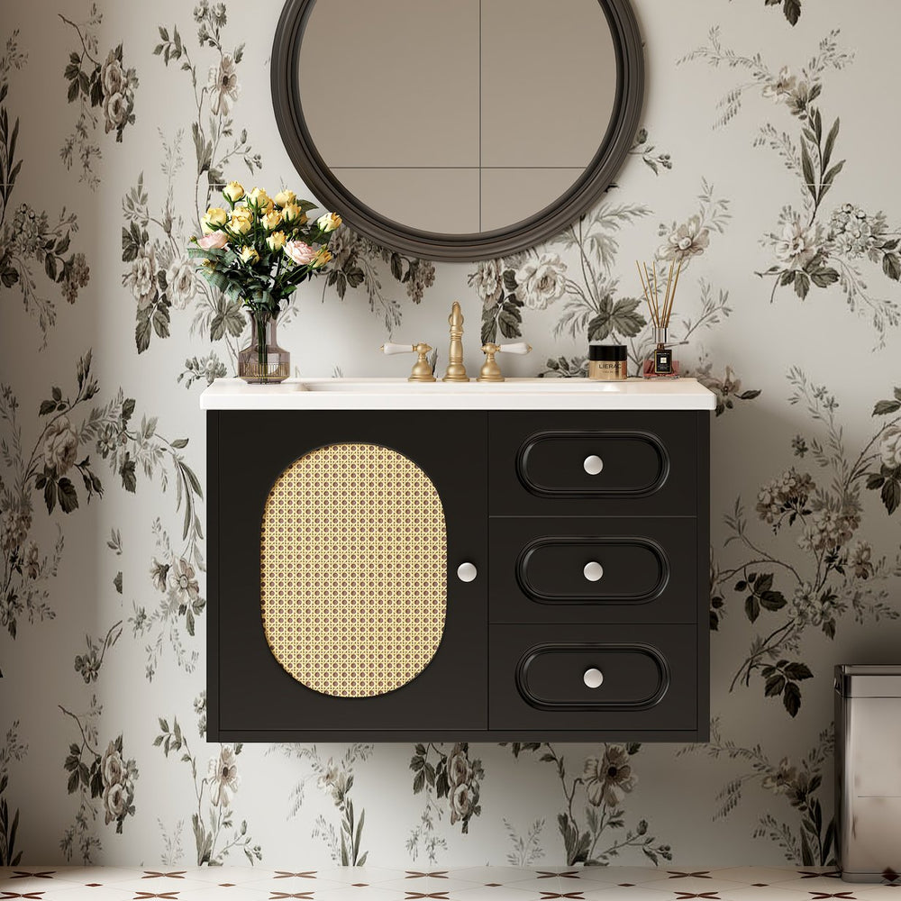 English Elm 30" Mid-Century Bathroom Vanity with Ceramic Sink, Rattan Accent, 2 Soft-Close Drawers, Large Storage Space N710P265954B