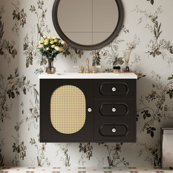 English Elm 30" Mid-Century Bathroom Vanity with Ceramic Sink, Rattan Accent, 2 Soft-Close Drawers, Large Storage Space N710P265954B
