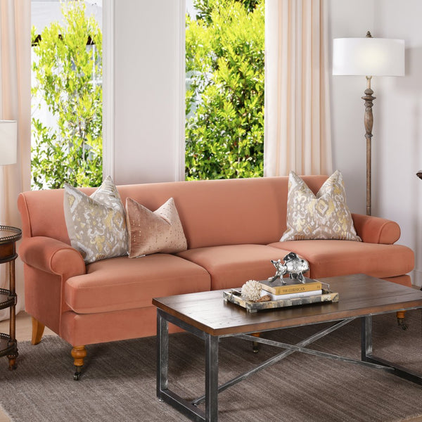 English Elm Jennifer Taylor Home - Alana Three-Cushion Peach Orange Velvet Sofa - Luxurious Comfort For Modern Living Spaces Today! B2719P238311