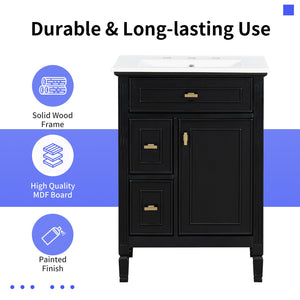 English Elm 24-Inch Bathroom Vanity with Sink, Solid Wood & MDF, Ceramic Top, Gold Handles, Flip Drawer Design Black N725P350824B