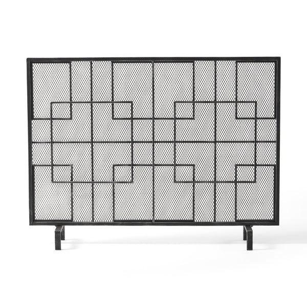 English Elm Christopher Knight Home® - FIRE Dorothy Modern Single Panel Iron Screen with Geometric Mesh Shield — Elegant Hearth Protection Black+Silver 65178.00BLKSILV
