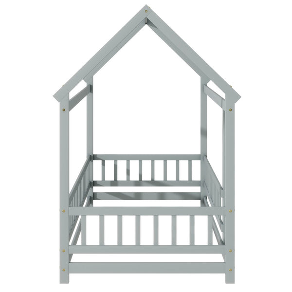 English Elm Twin Floor Wooden House Bed With Roof Frame & Guardrails - Cozy Grey Design For Kids' Rooms W504P286402-GIGA