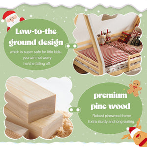 English Elm Twin Montessori Floor Bed Solid Pine Teepee Frame with Guardrails and Canopy Light Natural W1580P369468