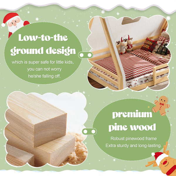 English Elm Twin Montessori Floor Bed Solid Pine Teepee Frame with Guardrails and Canopy Light Natural W1580P369468