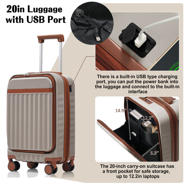 English Elm Luggage 3 Piece Abs Hard Shell Set with Usb Port Front Access and Spinner Wheels Khaki N726P307555K