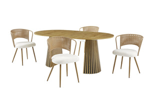 English Elm Solid Wood Extendable Dining Set with Woven Rattan Chairs Bohemian Organic Style Brown,Natural W3590S00012