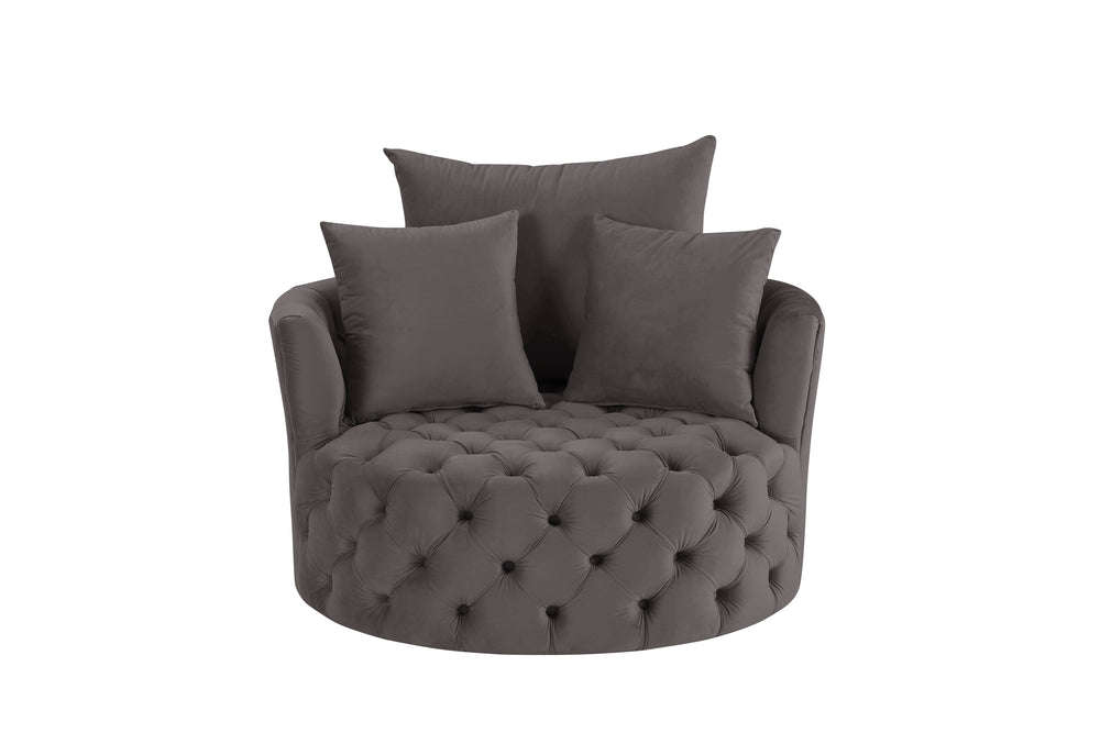 English Elm Zunyas Gray Velvet Swivel Accent Chair with Button Tufting, 360° Comfort, Wooden Frame & 3 Pillows B2726P256294