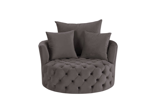 English Elm Zunyas Gray Velvet Swivel Accent Chair with Button Tufting, 360° Comfort, Wooden Frame & 3 Pillows B2726P256294