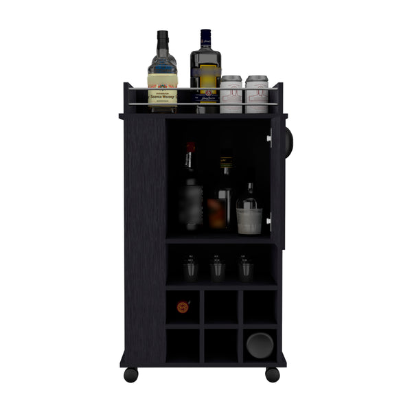 English Elm Fargo Bar Cart with Cabinet, 6 Wine Slots, Open Shelf & Casters in Black — Stylish Home Bar Station B200P188867