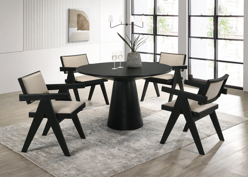 English Elm Jacopo Round Pedestal Dining Set Seats Four with Upholstered Arm Chairs Ebony Finish B2749S00298