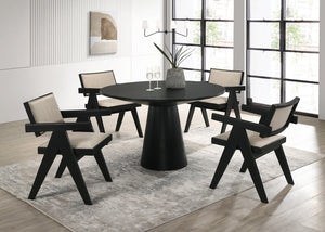 English Elm Jacopo Round Pedestal Dining Set Seats Four with Upholstered Arm Chairs Ebony Finish B2749S00298