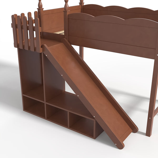 English Elm Twin Loft Bed Solid Pine Frame with Wardrobe Shelving Detachable Slide Kids Room Antique Natural W5305S00020