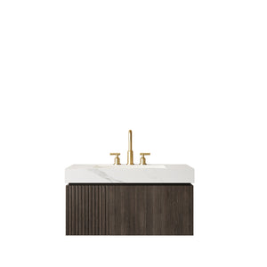 English Elm Muri Floating Bathroom Vanity Plywood Cabinet Sintered Stone Top Espresso Woodgrain W2615S00635