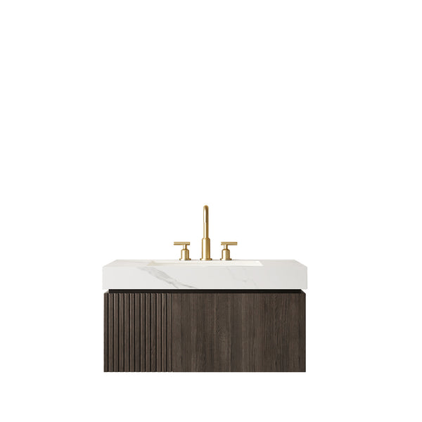 English Elm Muri Floating Bathroom Vanity Plywood Cabinet Sintered Stone Top Espresso Woodgrain W2615S00635