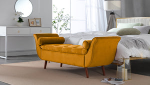 English Elm Vintage Velvet Tufted Storage Bench Mid Century Button Seat Entryway Bedroom Footstool Brown+Yellow W2795P428655