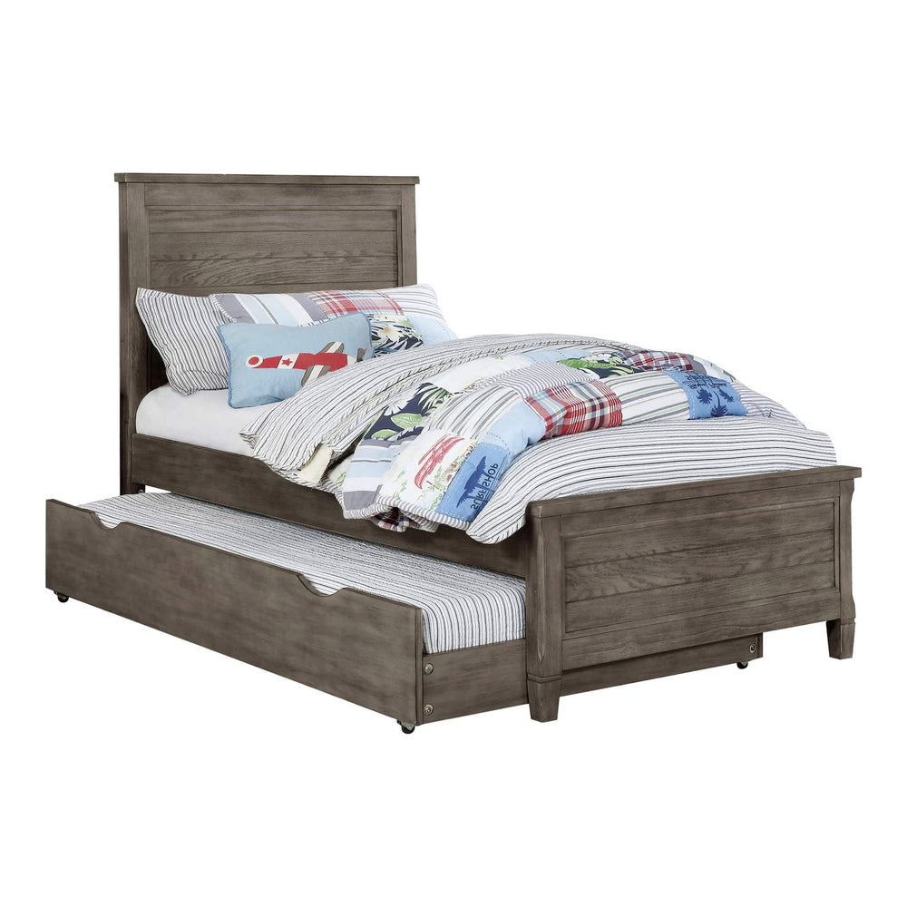 English Elm Transitional Twin Bed with Trundle Warm Gray Wood Grain Paneled Headboard Guest Room B2741S00851
