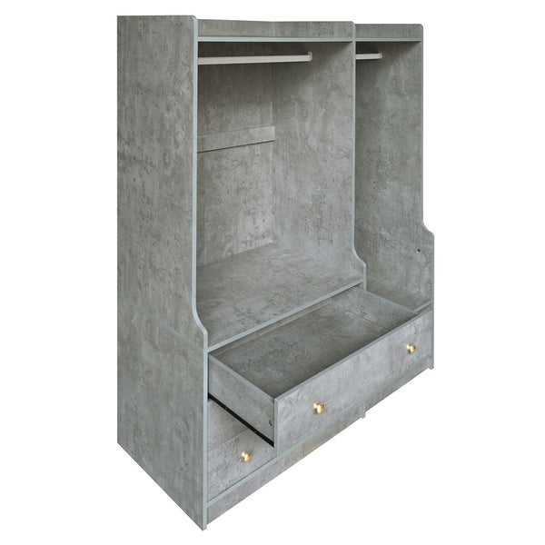 English Elm Open Open Wooden Wardrobe with 2 Rods, 5 Shelves & 3 Drawers — Modern Gray White Storage Solution N820S00021E