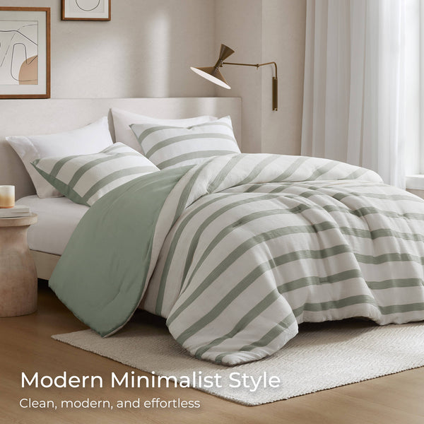 English Elm 3-piece King Yarn-dyed Woven Stripe Comforter Set with Seersucker Texture for Coastal Bedrooms Sage Green B035P463223