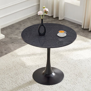 English Elm Round Faux Marble Tulip Pedestal Dining Table Mid Century Modern for Small Bistro Spaces Black+Gery W2920P405346