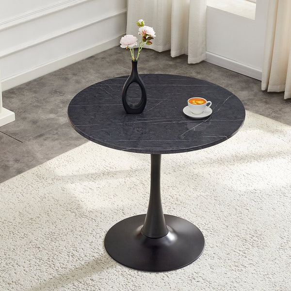 English Elm Round Faux Marble Tulip Pedestal Dining Table Mid Century Modern for Small Bistro Spaces Black+Gery W2920P405346