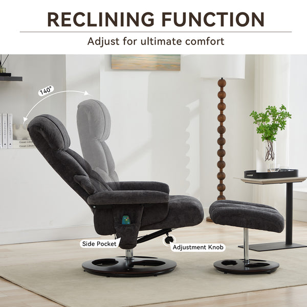 English Elm 010-Recliner Modern Dark Grey Chenille Swivel Lounge with Ottoman, Heated Seat, 5-Point Vibe Massage, 140° Recline, 250lb Capacity W2636P358627