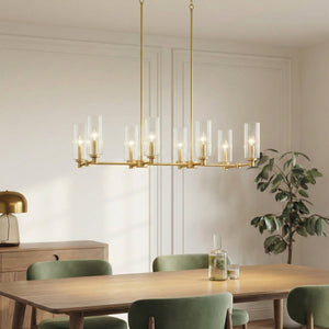 English Elm Willow Eight Light Linear Island Pendant Satin Brass Ribbed Glass Kitchen Fixture B183P231769