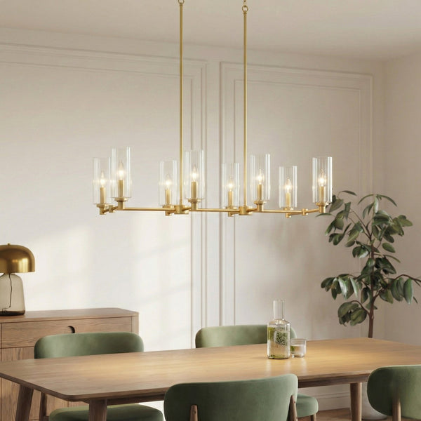 English Elm Willow Eight Light Linear Island Pendant Satin Brass Ribbed Glass Kitchen Fixture B183P231769