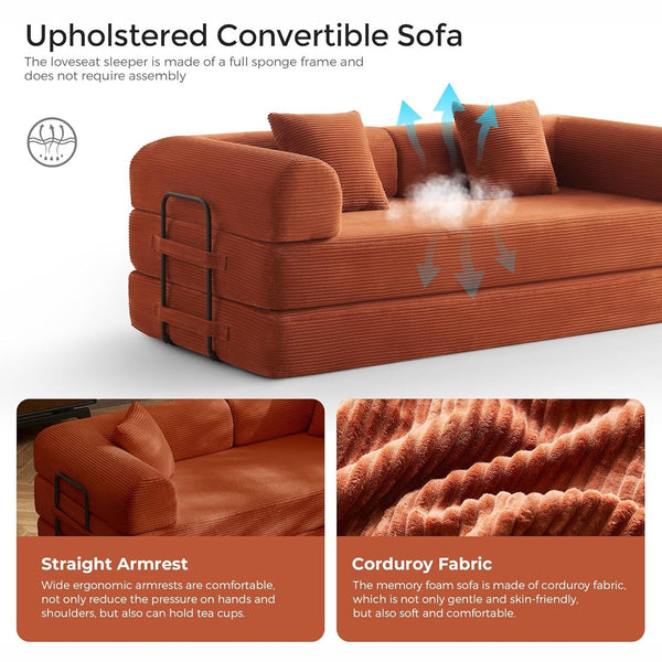 English Elm Convertible Corduroy Floor Sofa with Folding Sleeper and Bolster Pillow for Apartments Orange W5638P460470