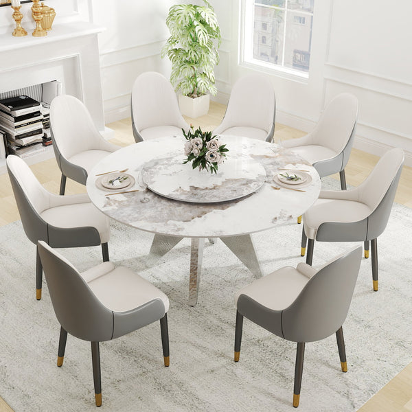 English Elm 59.05" Round Marble Dining Table - Elegant Silver Base, Durable White Sintered Stone, Seats 6-8 W1535S00464