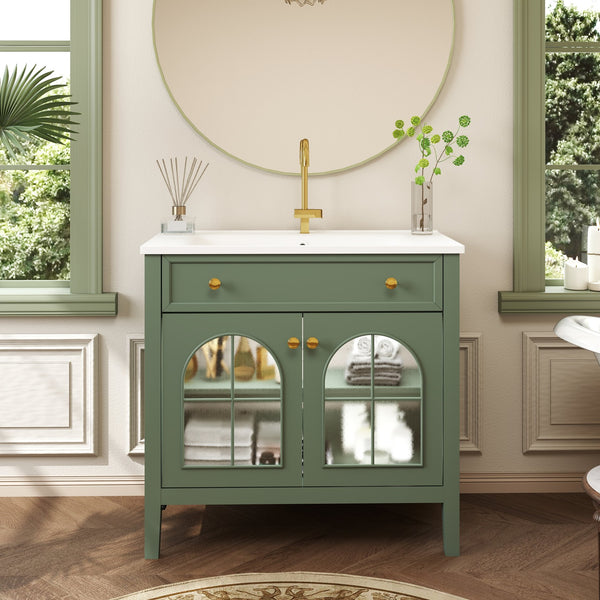 English Elm 35.6" Freestanding Bathroom Vanity with Roman Column Base and Ceramic Integrated Sink Green W1801S00014