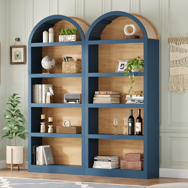 English Elm On-trend Farmhouse Two-tone Bookcase Set Arched Fabric Crown Open 5-tier Shelving Blue N721P411205C