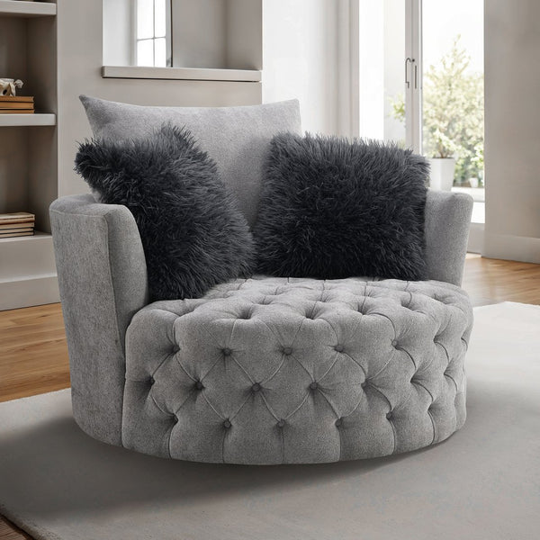 English Elm Transitional Hoople Channel Tufted Swivel Chair with Curved Back and 360° Base Upholstered Accent Piece Light Gray 45 L x 43 W x 26 H B2741P400834