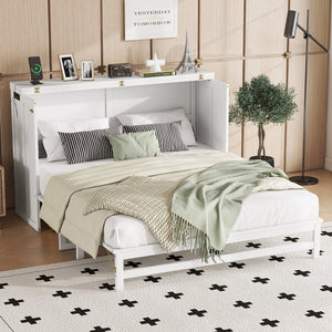 English Elm Murphy Cabinet Queen Bed Solid Pine Frame with Built-in Charging Station for Guest Rooms White W504S00164