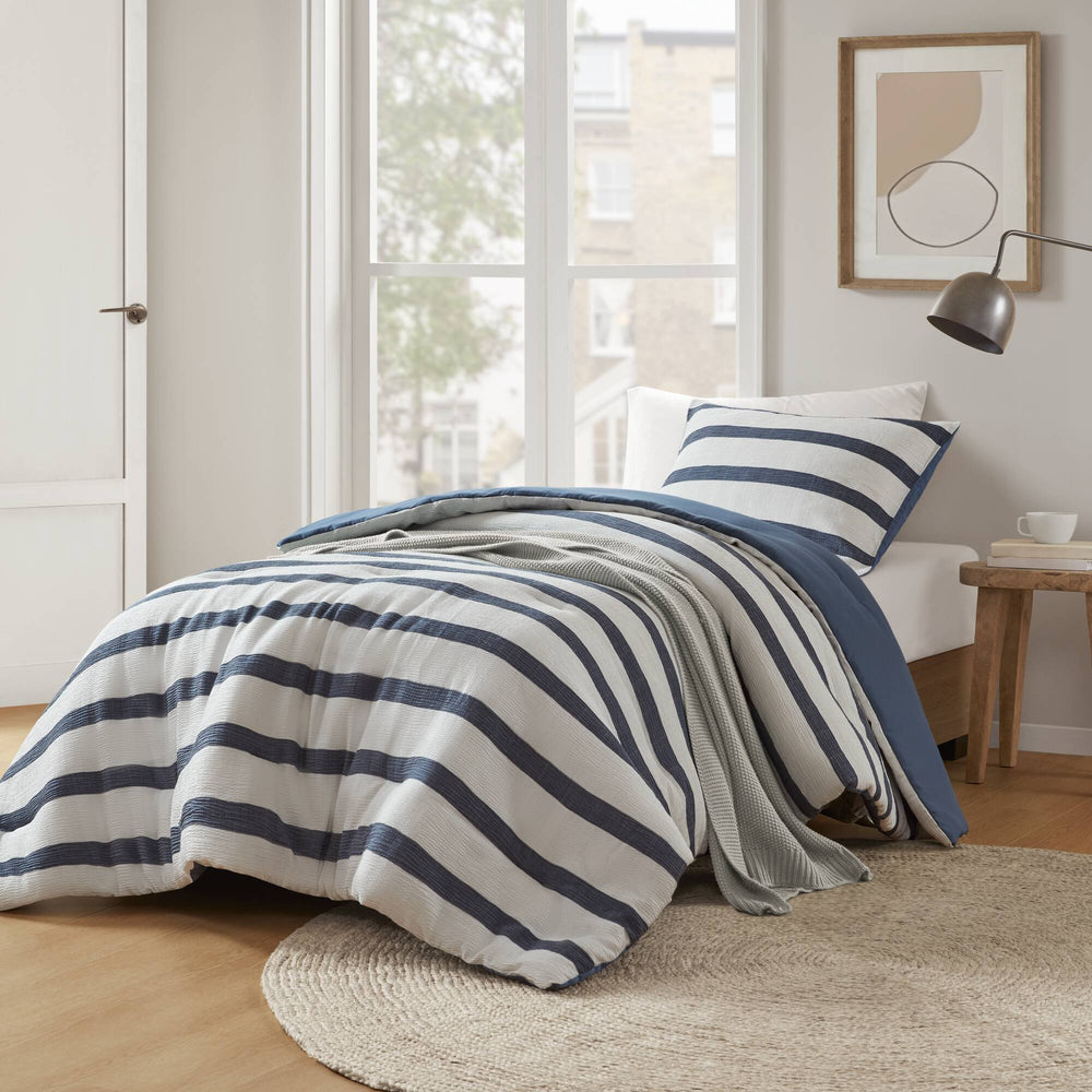 English Elm 2-piece Yarn-dyed Striped Comforter Set Seersucker Texture Coastal Japandi Bedding B035P463218
