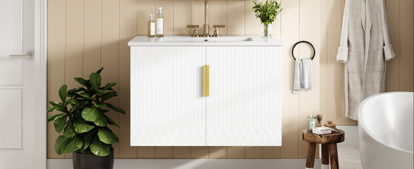 English Elm 30" Vintage Bathroom Vanity with Ceramic Sink — Wall-Mount MDF & Solid Wood Cabinet, Storage, Sleek Finish White N710P214100K